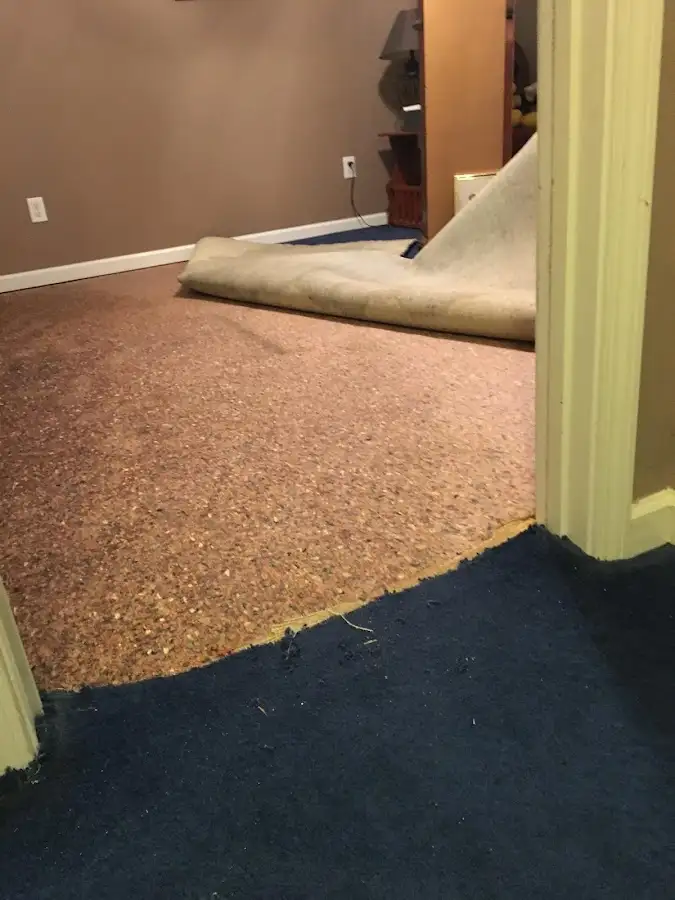 Carpet pad removal revealing water damage during Drying & Dehumidification in Frostburg